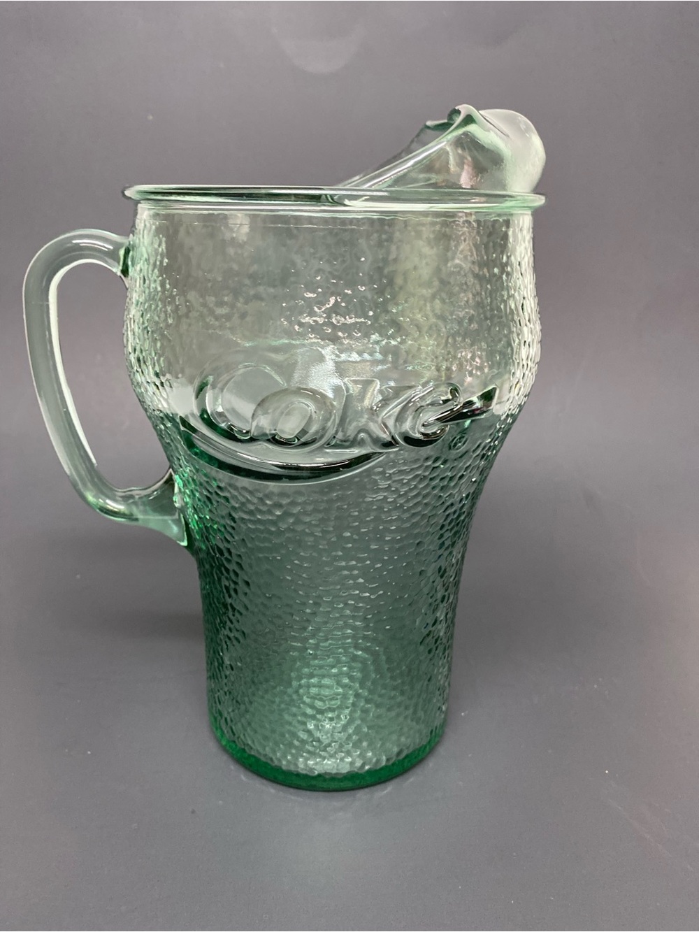 Vintage Coca Cola Pebbled Green Glass Pitcher w/Embossed Coke Logo Ice Spout